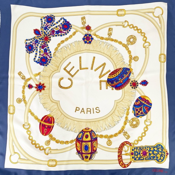 CELINE Paris 100% Silk Jewel Baroque Egg Large Square Scarf Blue Trim - Picture 2 of 9